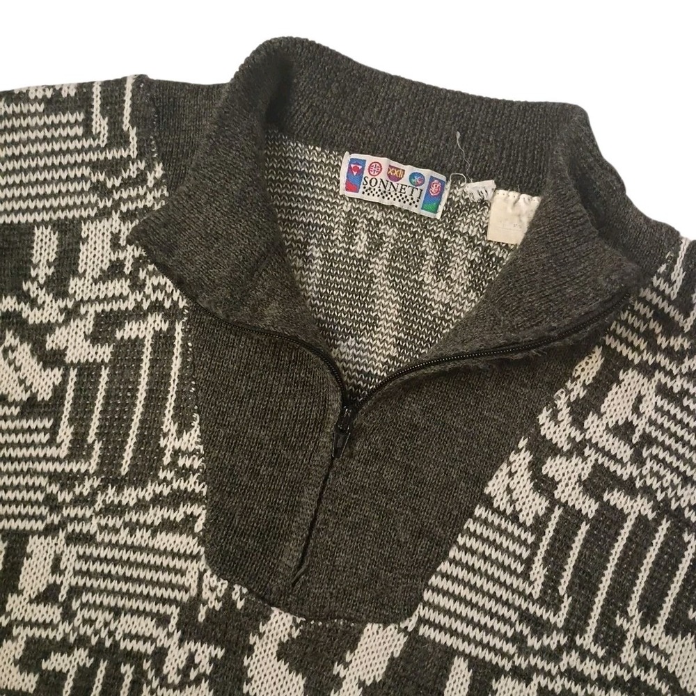 Vintage Sonneti Sweater Mens Large ¼ Zip Gray White Geometric Wool Acrylic Y2K